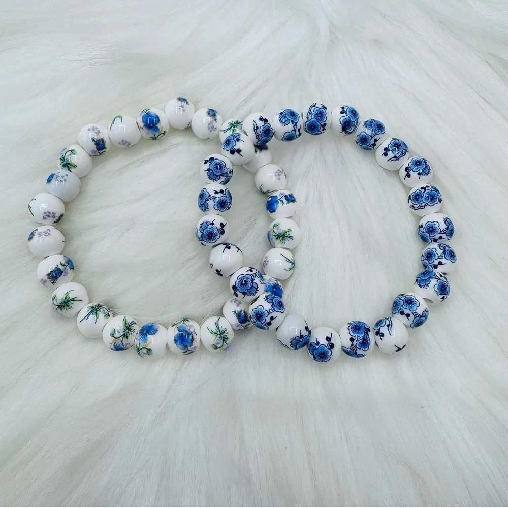 Chinese-Style Ceramic Flower Blue Beaded Bracelet Bundle